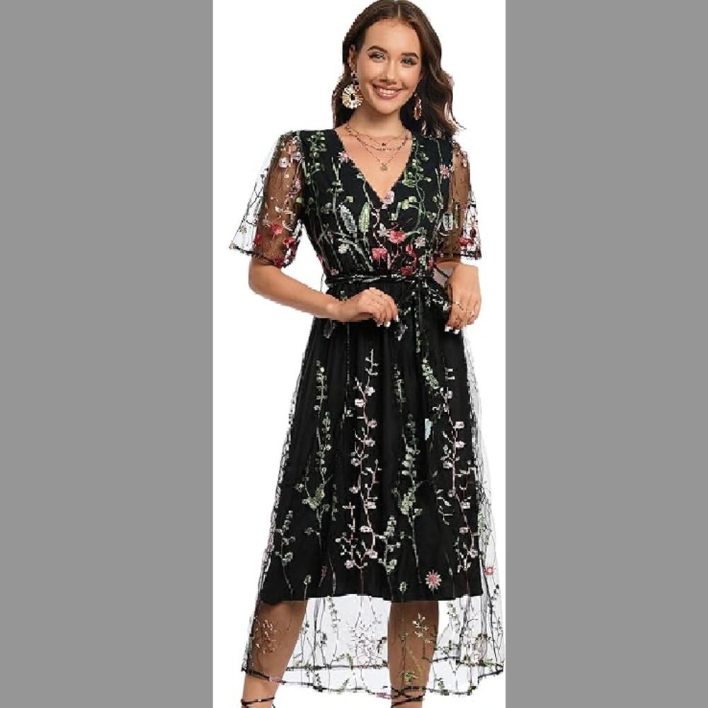 Floral Embroidered Tulle Midi Dress